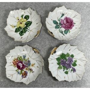 Vintage Nasco Japan Leaf Shape Porcelain Trinket‎ Dishes Set 4 Gold Trim Floral